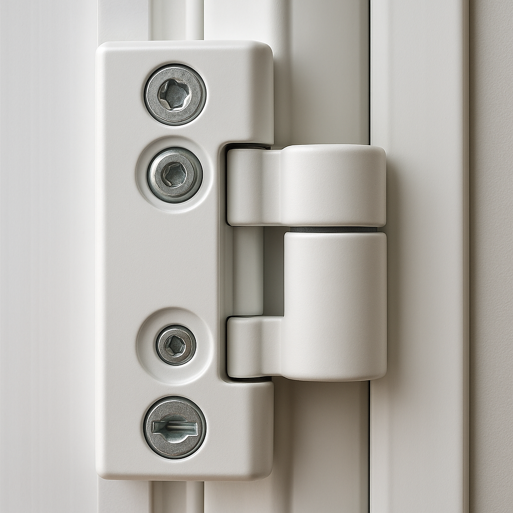 Close-up view of a white hinge on a modern door, showing tools and components used for adjusting uPVC door hinges.