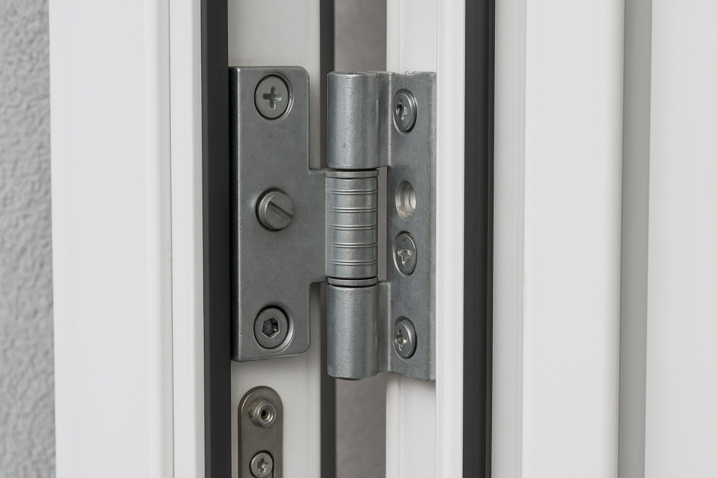 Close-up of a metal hinge on a white frame, showing components used for adjusting uPVC door hinges.