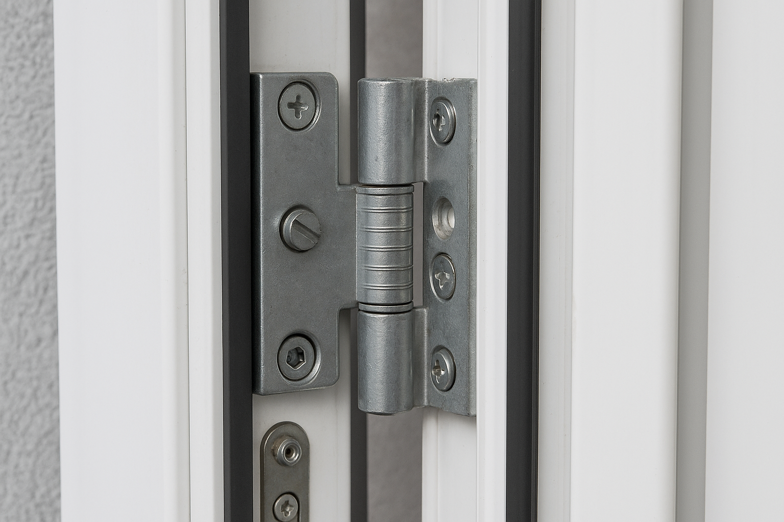 Close-up of a metal hinge on a white frame, showing components used for adjusting uPVC door hinges.