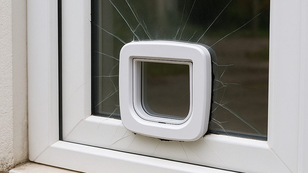 White uPVC double glazed door with cracked glass after attempting to fit a cat flap incorrectly.