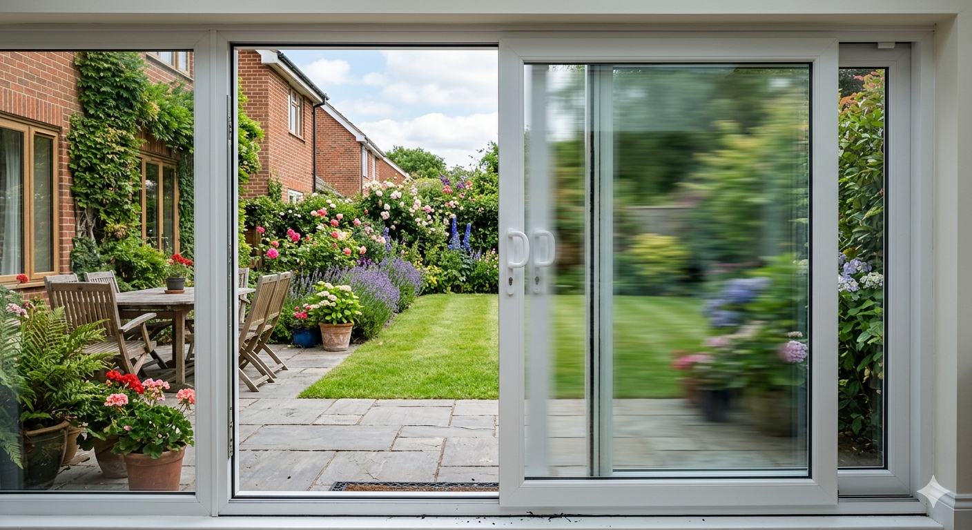 White sliding patio door partially open in a modern UK home garden during patio door repair assessment.