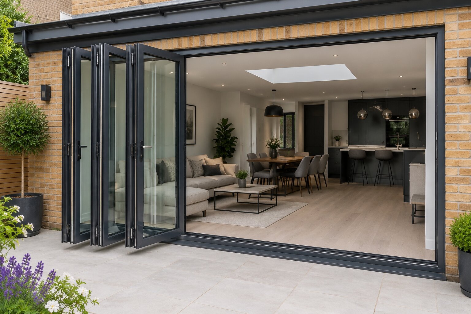 Black aluminium bifold doors viewed from outside opening into a modern UK home during bifold door repair assessment.